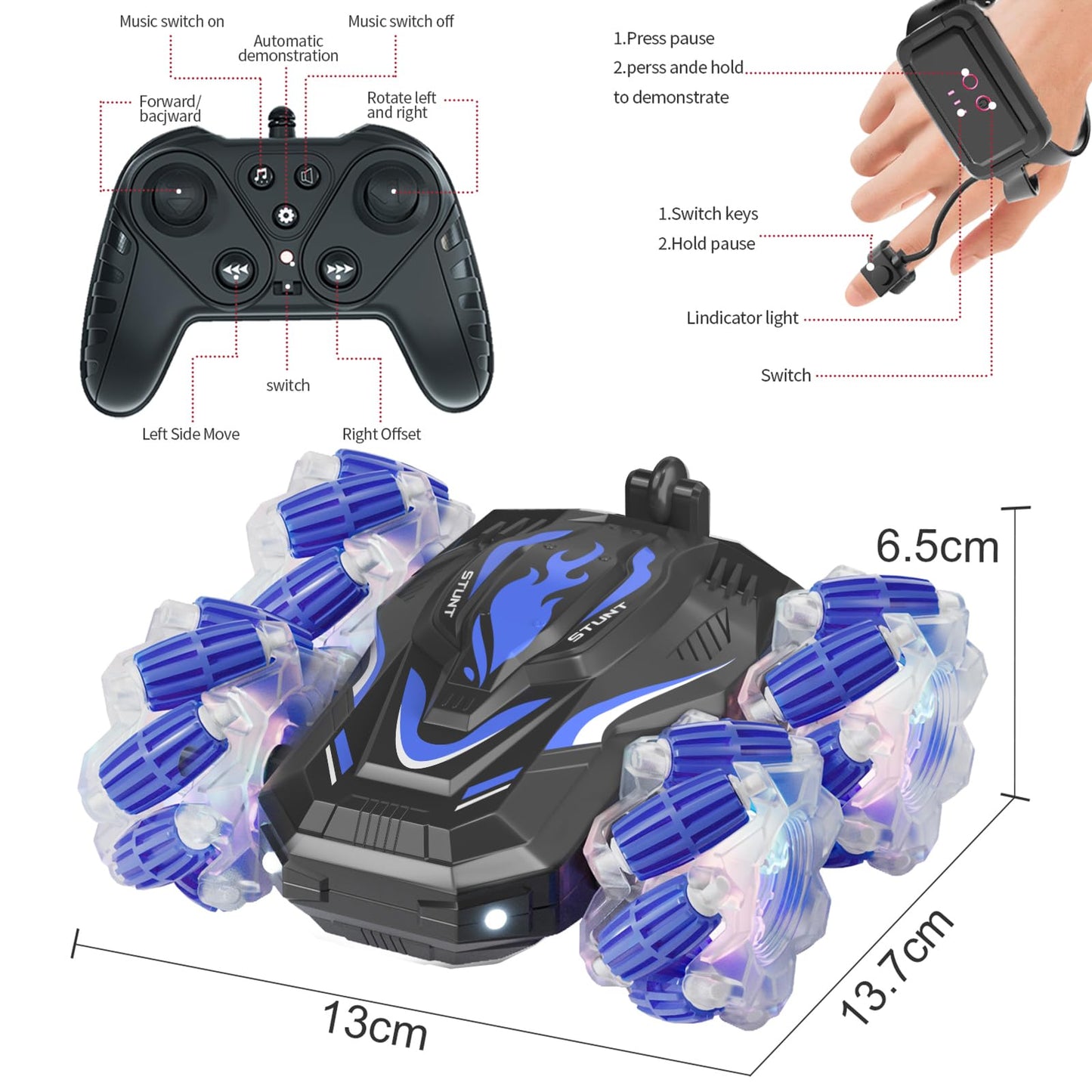 LOOZIX New Gesture Sensing RC Stunt Car with Lights Music, Hand Gesture Remote Control Car 360° Spins Double Side Twisted Glove Controlled RC Car Birthday Gifts Toys for 6 7 8 9 10 11 12 year old boys