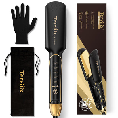 Terviiix Titanium Flat Iron Hair Straightener - ARC Non-Snagging for Smooth, One-Swipe Results, Salon-Grade Wide 1-3/4 Inch Straightening Iron Saves Time on Thick, Curly, Black & Natural Hair, Gold