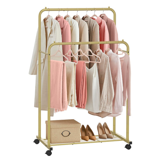 SONGMICS Double Rods Clothes Rack with Wheels, Clothing Rack for Hanging Clothes, Heavy Duty Garment Rack with Mesh Storage Shelf, 2 Brakes, Each Top Rail Holds up to 77 lb, Gold UHSR026A01