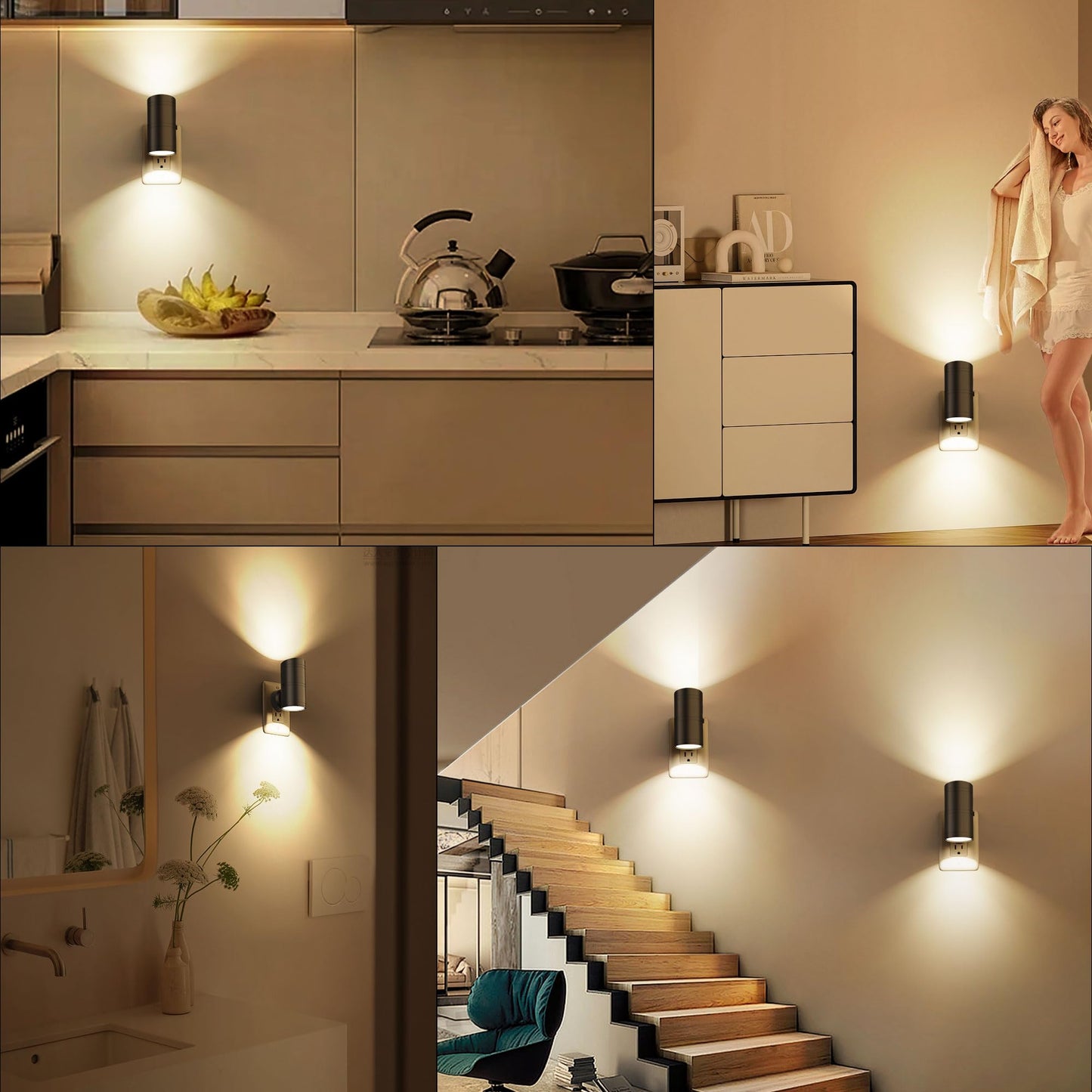 fesnne Night Light, Night Lights Plug into Wall with Dusk to Dawn Sensor, 0-100LM Adjustable Brightness, Warm White 3000K, Shine Up and Down Dimmable Night Light for Hallway Bedroom Bathroom 2 Pack