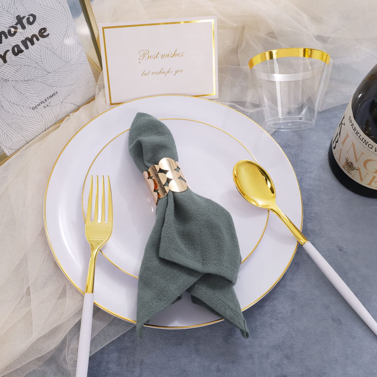 LIYH 180pcs Gold Plastic Dinnerware,White and Gold Plastic Plates,Gold Plastic Disposable Utensils,Disposable Gold Cups Suit for Wedding Party Birthday 30 Guests