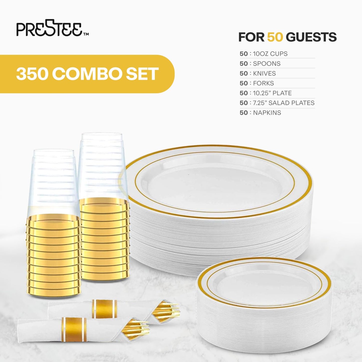 Prestee 350-piece Disposable Party Dinnerware Set for 50 Guests - Gold Dinnerware Sets Disposable with Plates, Cups, Knives, Forks, Spoons - Elegant Reusable Wedding Reception and Events Supplies