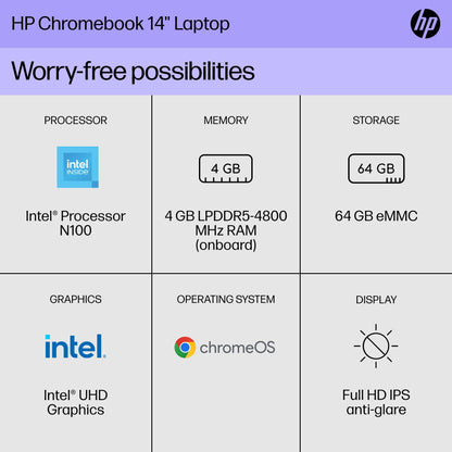 HP Chromebook 14 inch Laptop, FHD Display, Intel N100, 4 GB RAM, 64 GB eMMC, Intel UHD Graphics, Chrome OS 14a-nf0009nr (2024)