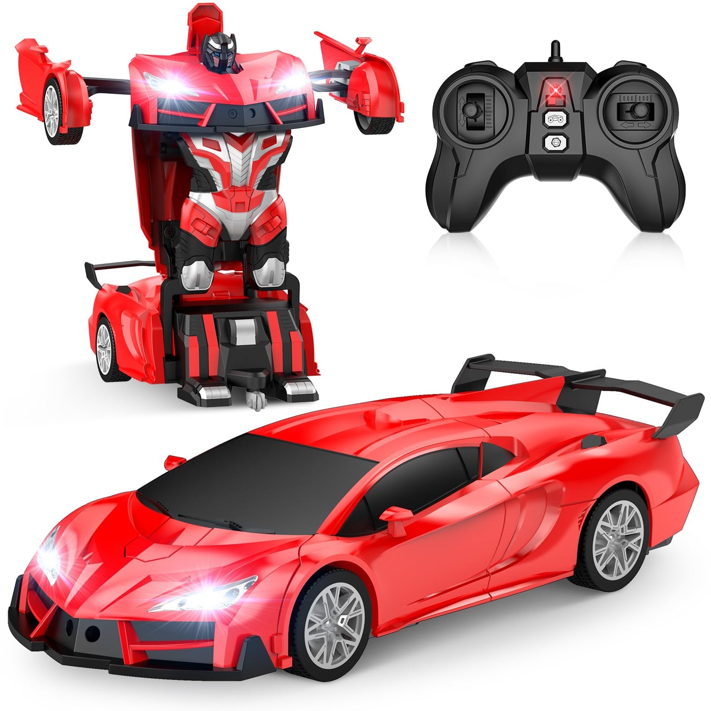 Qumcou Remote Control Car, Transform Robot RC Cars with Cool Headlights, 2.4Ghz kids Toys Car with 360 Degree Rotation and One-Button Deformation, Christmas Birthday Gifts for Boys Girls, Red