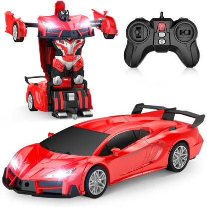 Qumcou Remote Control Car, Transform Robot RC Cars with Cool Headlights, 2.4Ghz kids Toys Car with 360 Degree Rotation and One-Button Deformation, Christmas Birthday Gifts for Boys Girls, Red