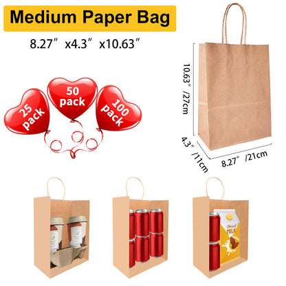 Brown Kraft Paper Gift Bags with Handles - 100 Pcs