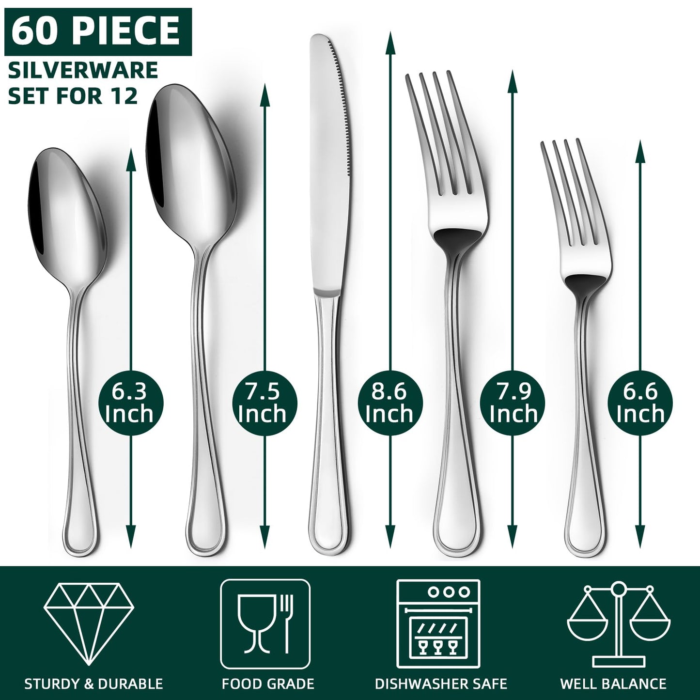 BEWOS 60-Piece Silverware Set, Stainless Steel Silverware Sets for 12, Forks Spoons and Knives Set, Cutlery Set, Mirror Polished Flatware Set, Dishwasher Safe Kitchen Utensils Set for Home, Restaurant