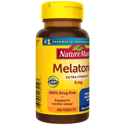 Nature Made Melatonin 5mg Extra Strength Tablets, 100% Drug Free Sleep Aid for Adults, 300 Tablets, 300 Day Supply