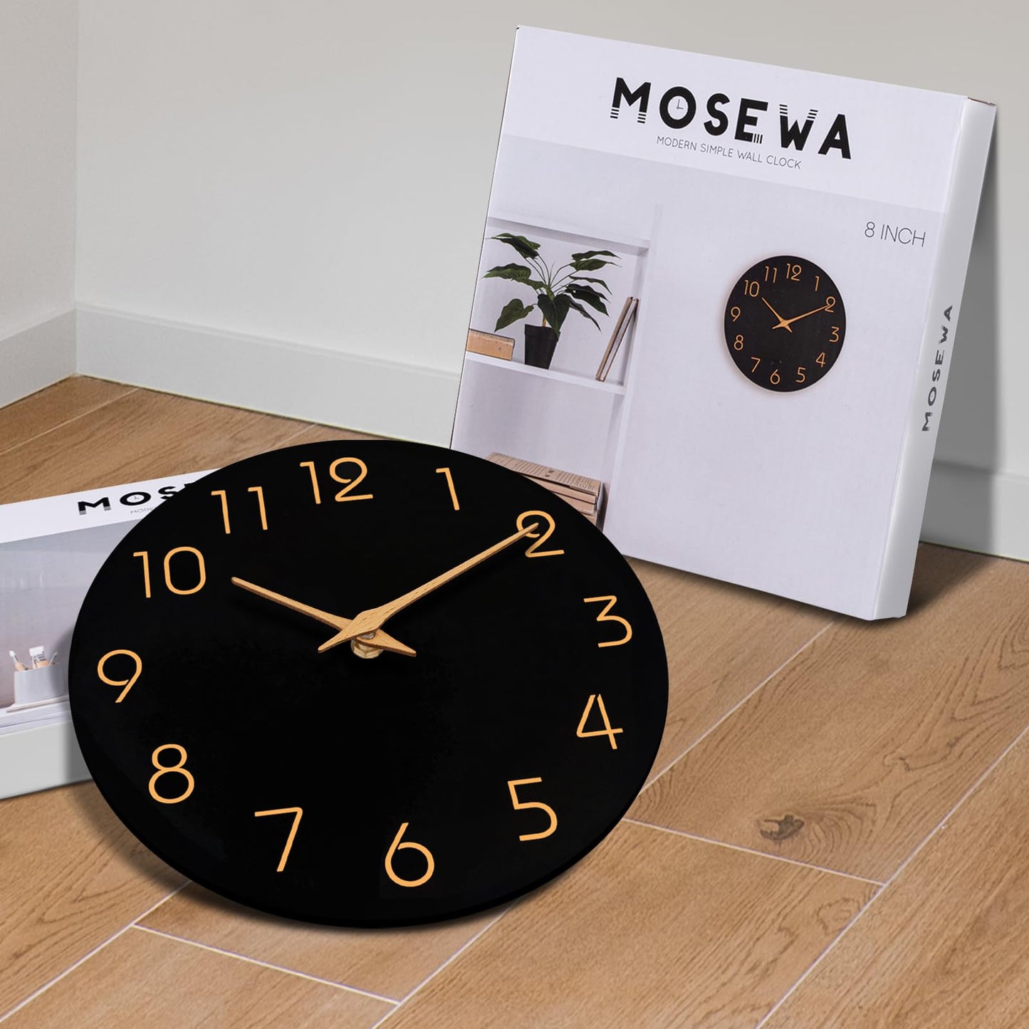 Mosewa Wall Clock 8 Inch Black Wall Clocks Battery Operated Silent Non-Ticking - Simple Minimalist Rose Gold Numbers Clock Decorative for Bedroom,Living Room, Kitchen,Home,Office