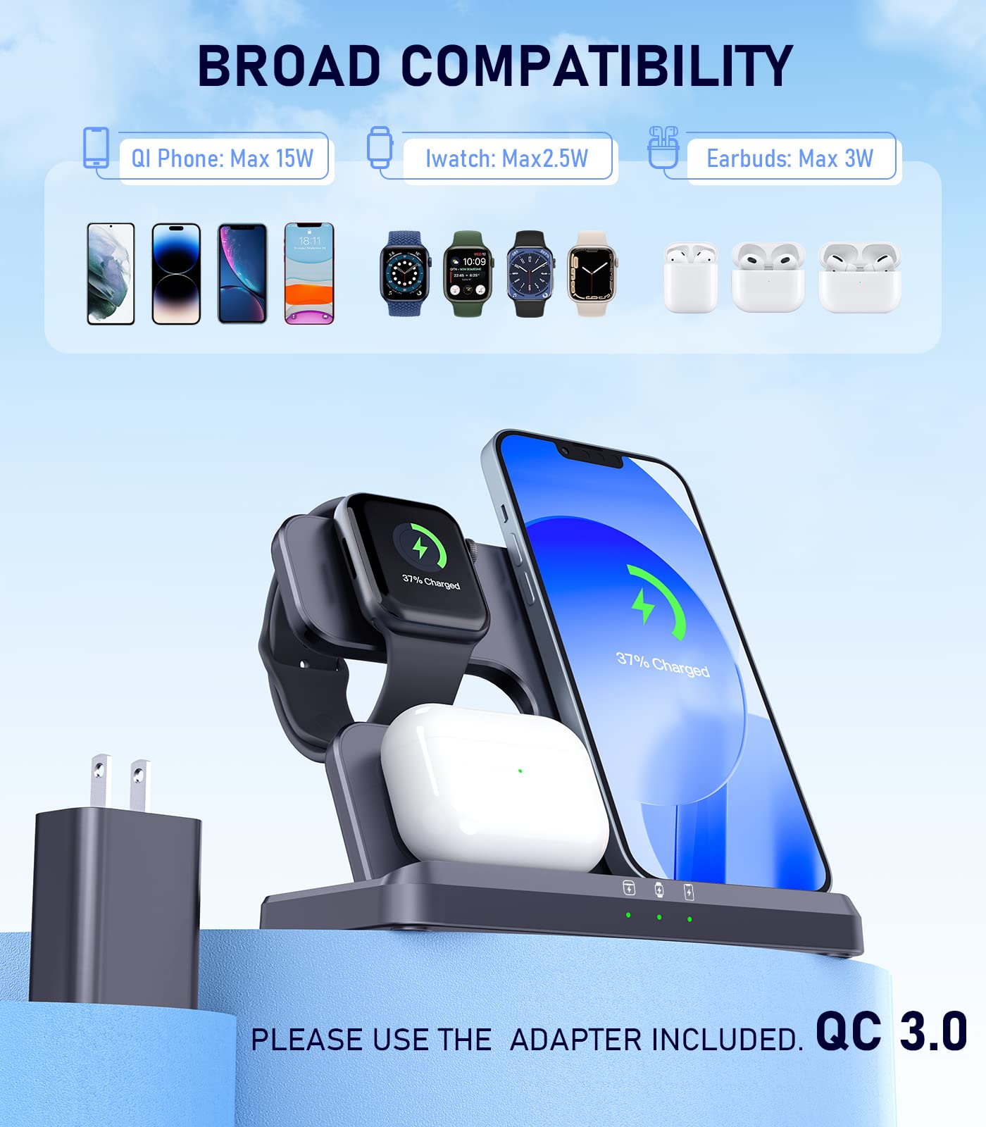 3 IN1 Wireless Charging Station Apple,20W Fast Wireless Charger Stand, iPhone Wireless Charger Station Dock for iPhone14-11/Pro/Max/Mini/X/XR/8/Plus,Airpods Pro/3/2,Apple Watch Series (18W Adapter)