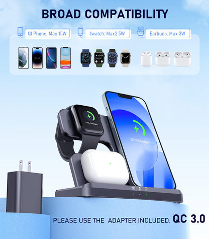 3 IN1 Wireless Charging Station Apple,20W Fast Wireless Charger Stand, iPhone Wireless Charger Station Dock for iPhone14-11/Pro/Max/Mini/X/XR/8/Plus,Airpods Pro/3/2,Apple Watch Series (18W Adapter)