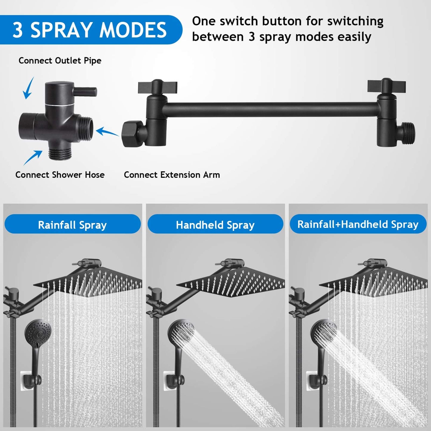 Shower Head Combo,10 Inch High Pressure Rain Shower Head with 11 Inch Adjustable Extension Arm and 5 Settings Handheld Powerful Shower Spray Against Low Pressure Water - Matte Black