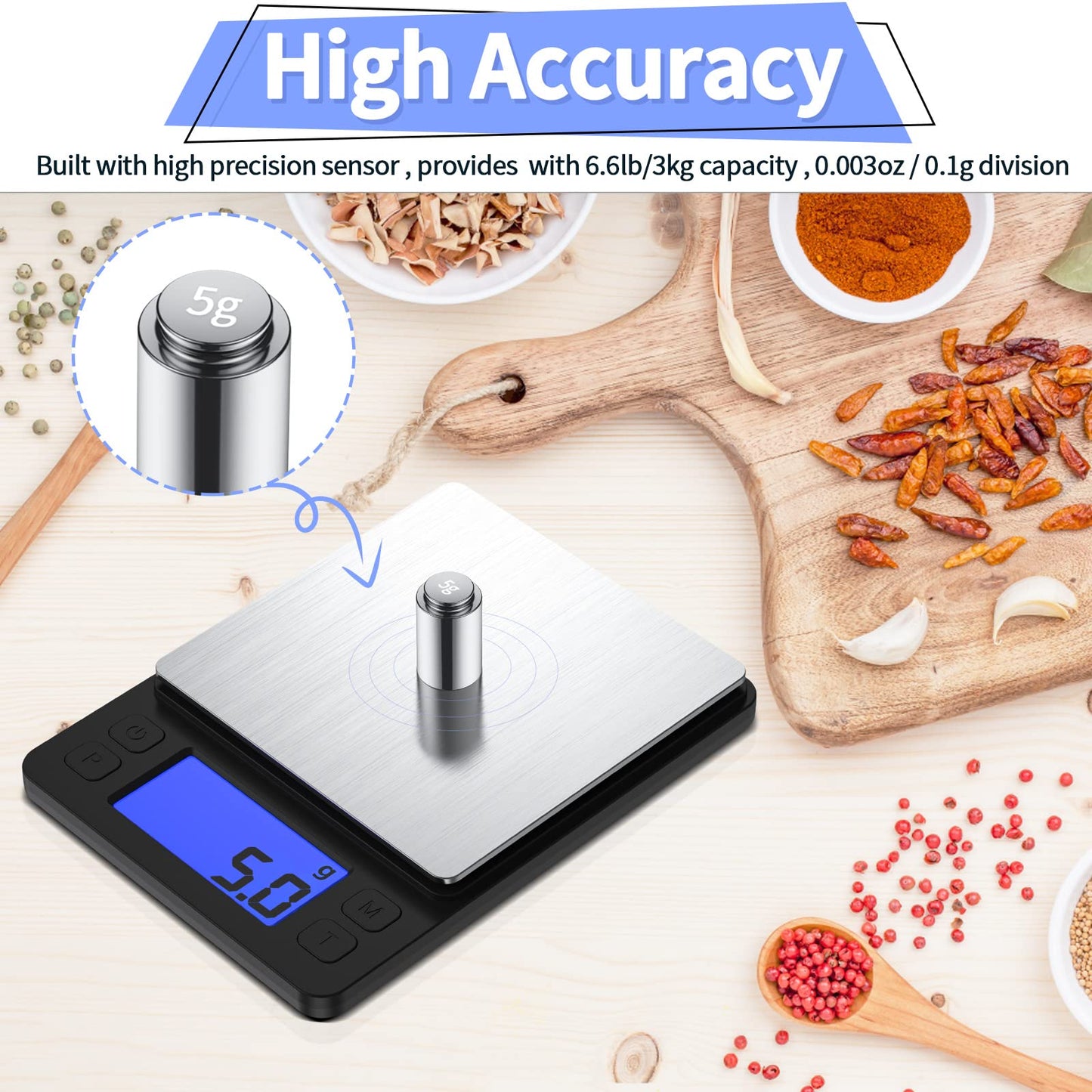 Kitchen Food Scale, High Precision Food Scales Digital Weight Grams and Oz Digital Scale Used for Digital Grams and Ounces, Cooking, Jewelry, Baking, Tare Function, with 2 Trays, LCD Display