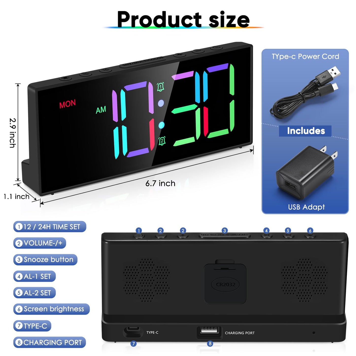 Tetino Loud Alarm Clock with Colorful Display