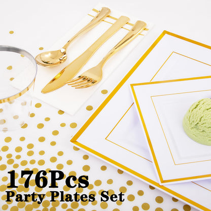 Festiva 176Pcs Gold Plates Disposable - Square Party Plates and Cups and Napkins Sets :Dinner Plates, Dessert Plates,Cups,Plastic Cutlery,Hand Napkins 1Tablecloth for Party&Wedding&Christmas