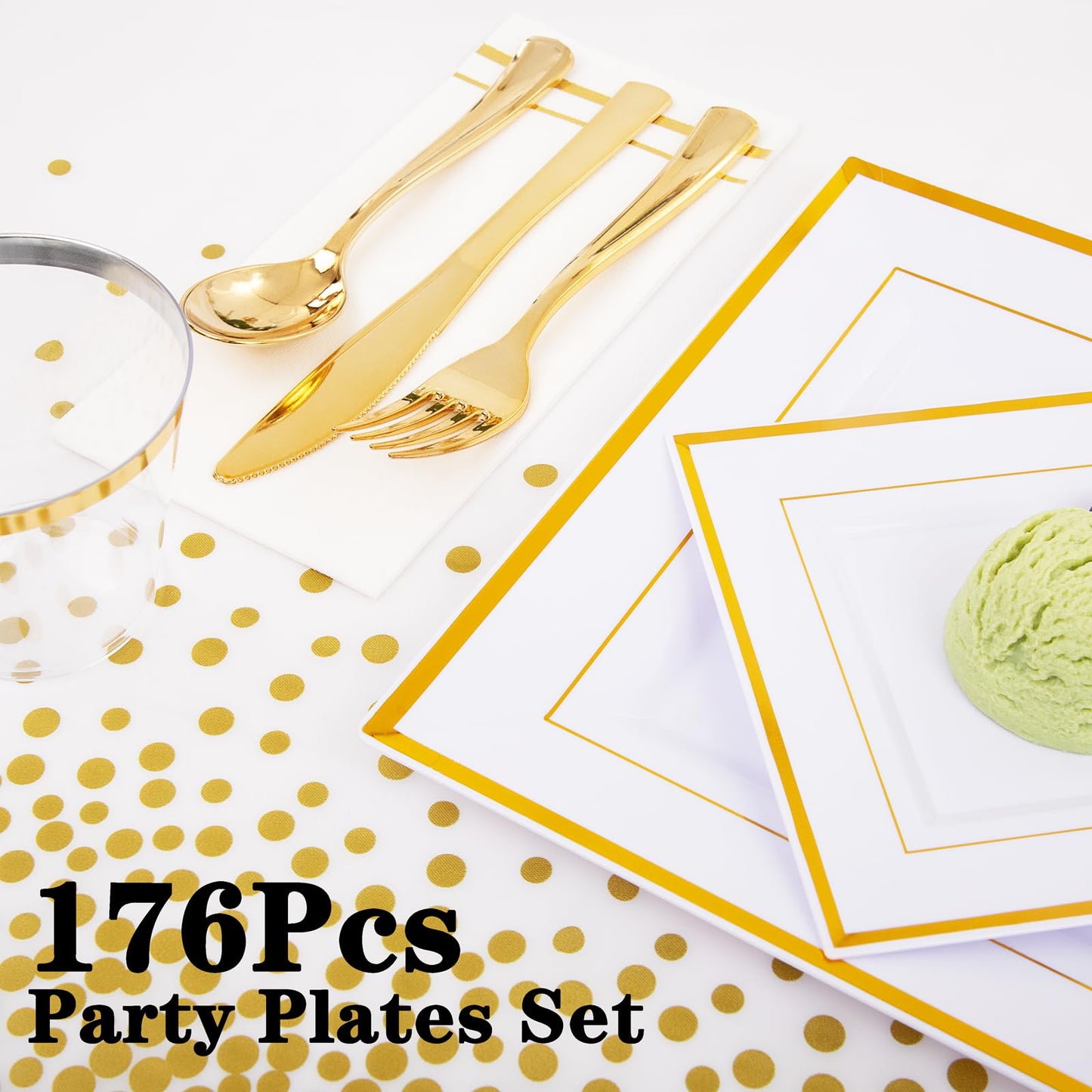 Festiva 176Pcs Gold Plates Disposable - Square Party Plates Dinnerware Sets :Dinner&Dessert Plates,Cups,Plastic Cutlery,Hand Napkins for Party&Wedding&Christmas&Thanksgiving