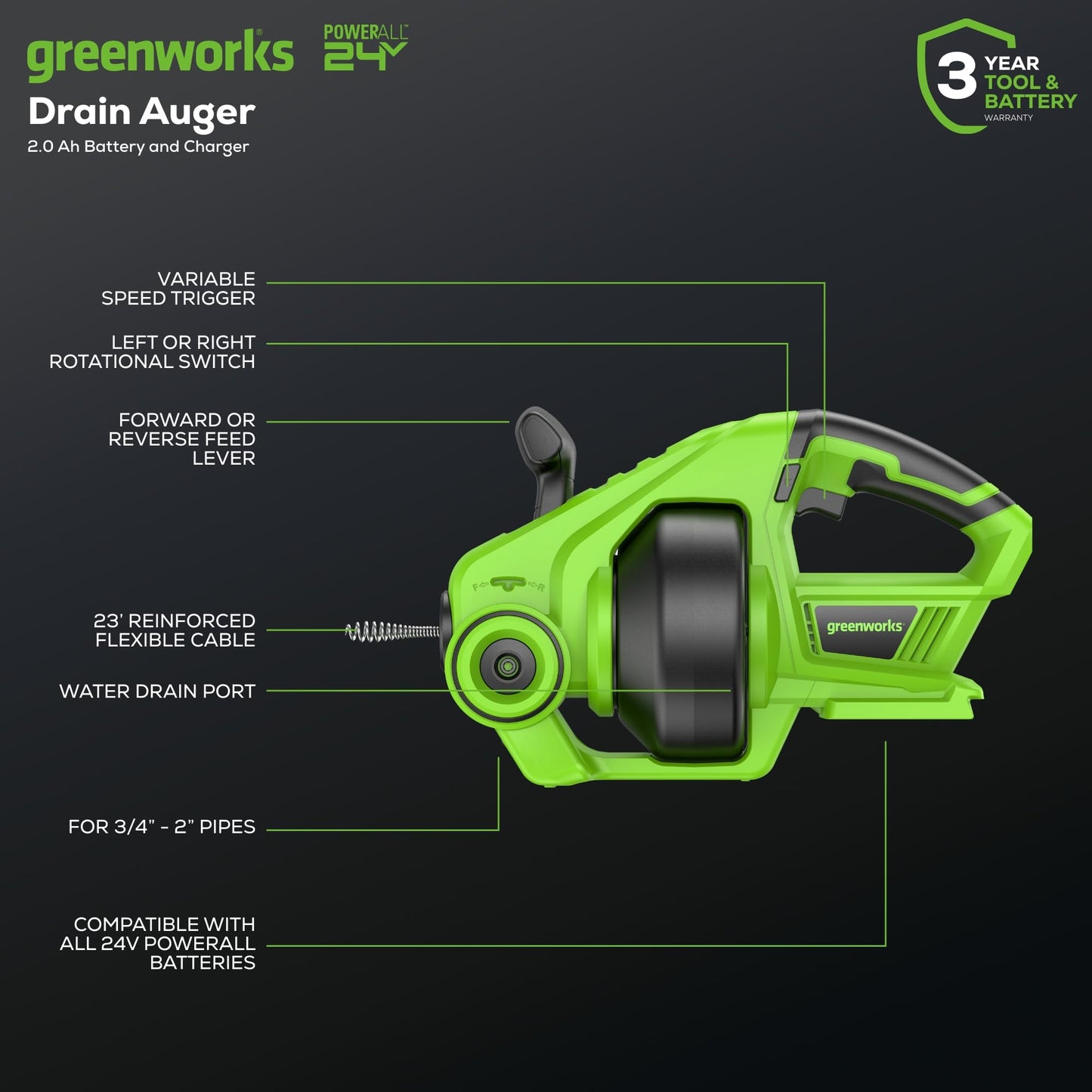24V Cordless Drain Auger by Greenworks