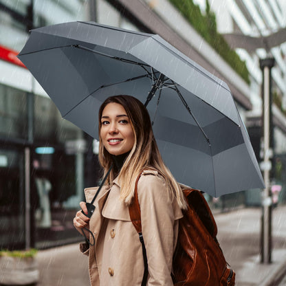 VELLUXE Portable Large Umbrella for Rain, Vented Windproof Double Umbrella, Foldable Golf Umbrella, Compact Travel Umbrella, Automatic Umbrella for adults, Grey Umbrella