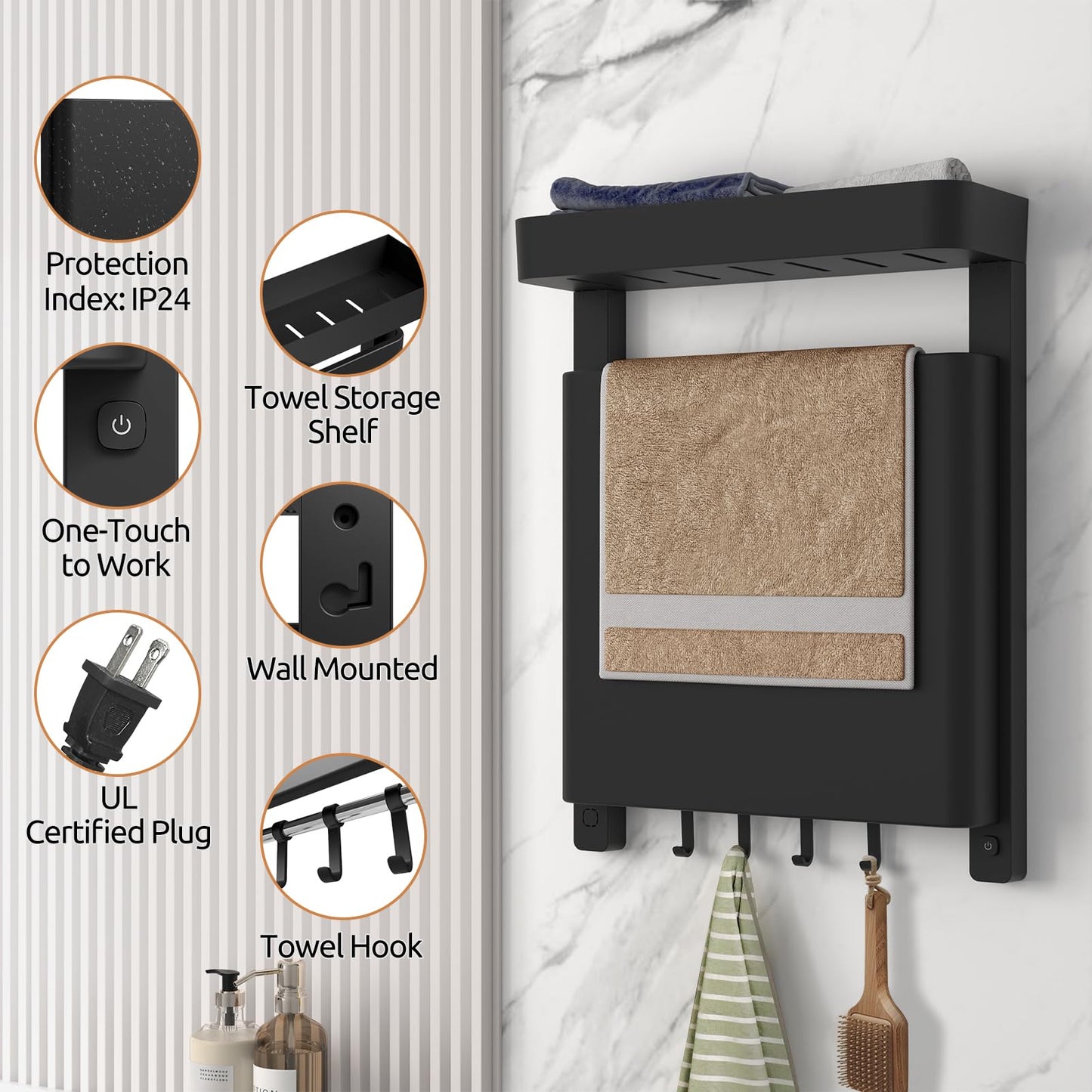 LALAHOO -15.7”x20.9”Heated Towel Rack, Towel Warmer Rack for Bathroom, IP24 Heated Towel Rack Wall Mounted, Heated Towel Warmer with Shelf and Towel Hooks, Towel Dryer Rack Heated