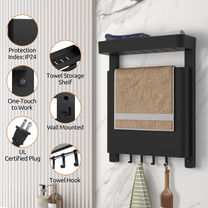LALAHOO -15.7”x20.9”Heated Towel Rack, Towel Warmer Rack for Bathroom, IP24 Heated Towel Rack Wall Mounted, Heated Towel Warmer with Shelf and Towel Hooks, Towel Dryer Rack Heated