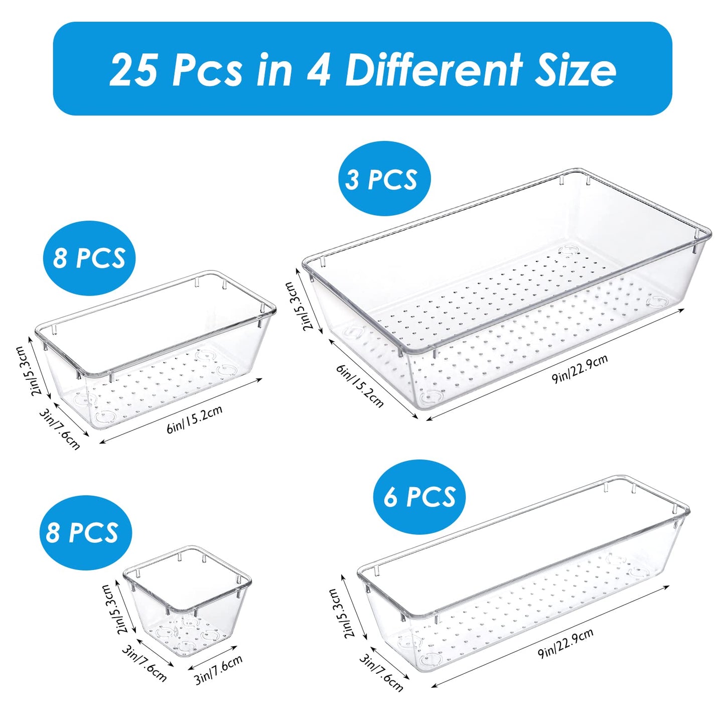 Fixwal 25pcs Clear Drawer Organizers, 4-Size Clear Plastic Drawer Organizers Trays for Makeup, Jewelries, Gadgets, Bathroom, Office, Bedroom