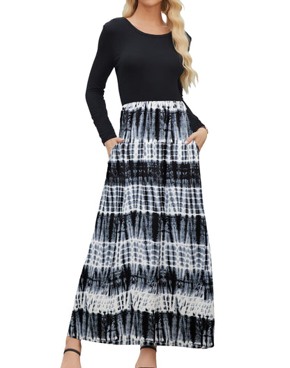 Supnier Women's Casual Tie Dye Maxi Dresses Long Sleeve Long Maxi Dresses with Pockets Plus Size (Floral 3,XXL)