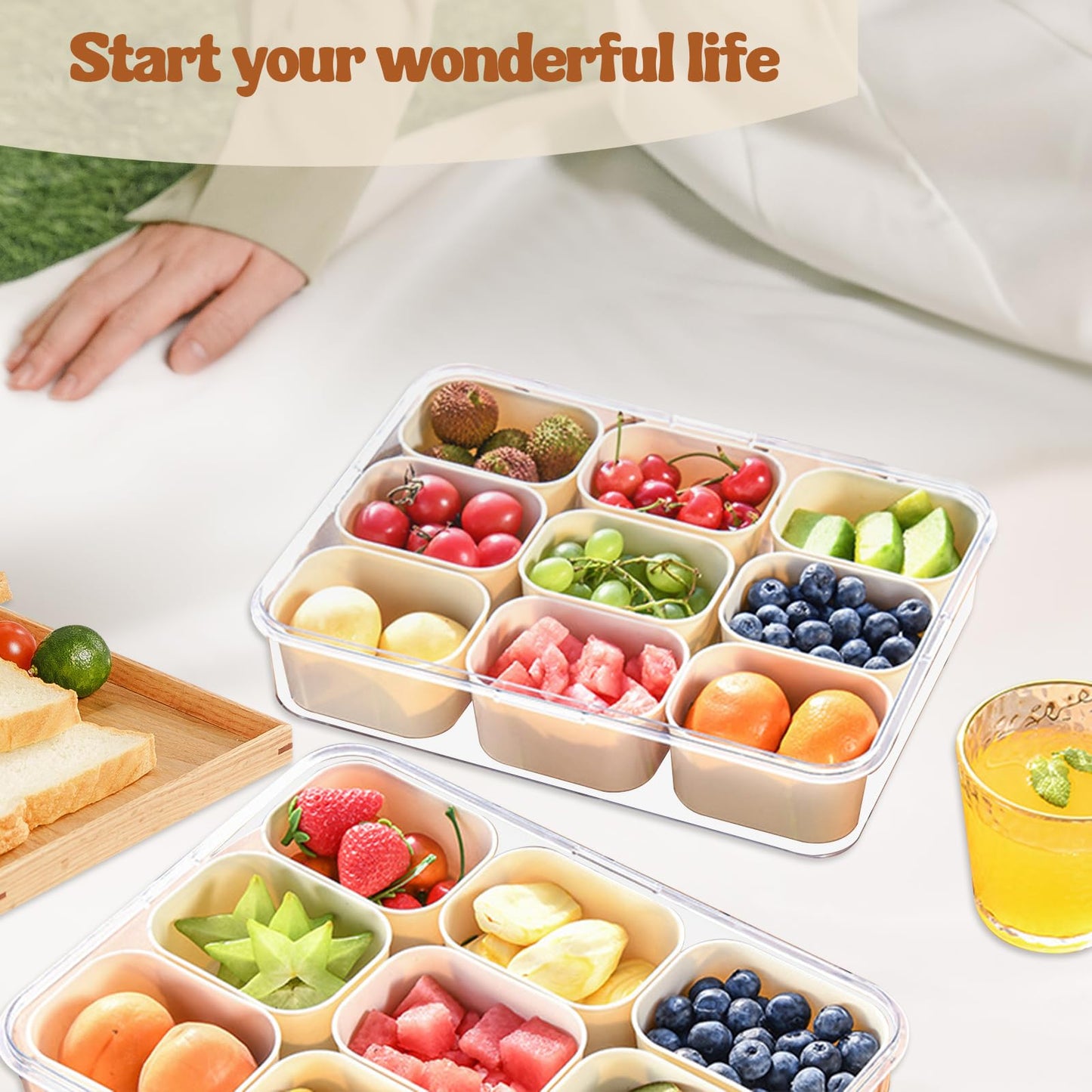 9 Compartments Divided Serving Tray with Lid and Handle, Snackle Box Container, Portable Snack Platters Organizer for Snacks,Fruit,Nuts.With 3 Double Layer Multifunctional Non-Scratch Wire Dishcloths