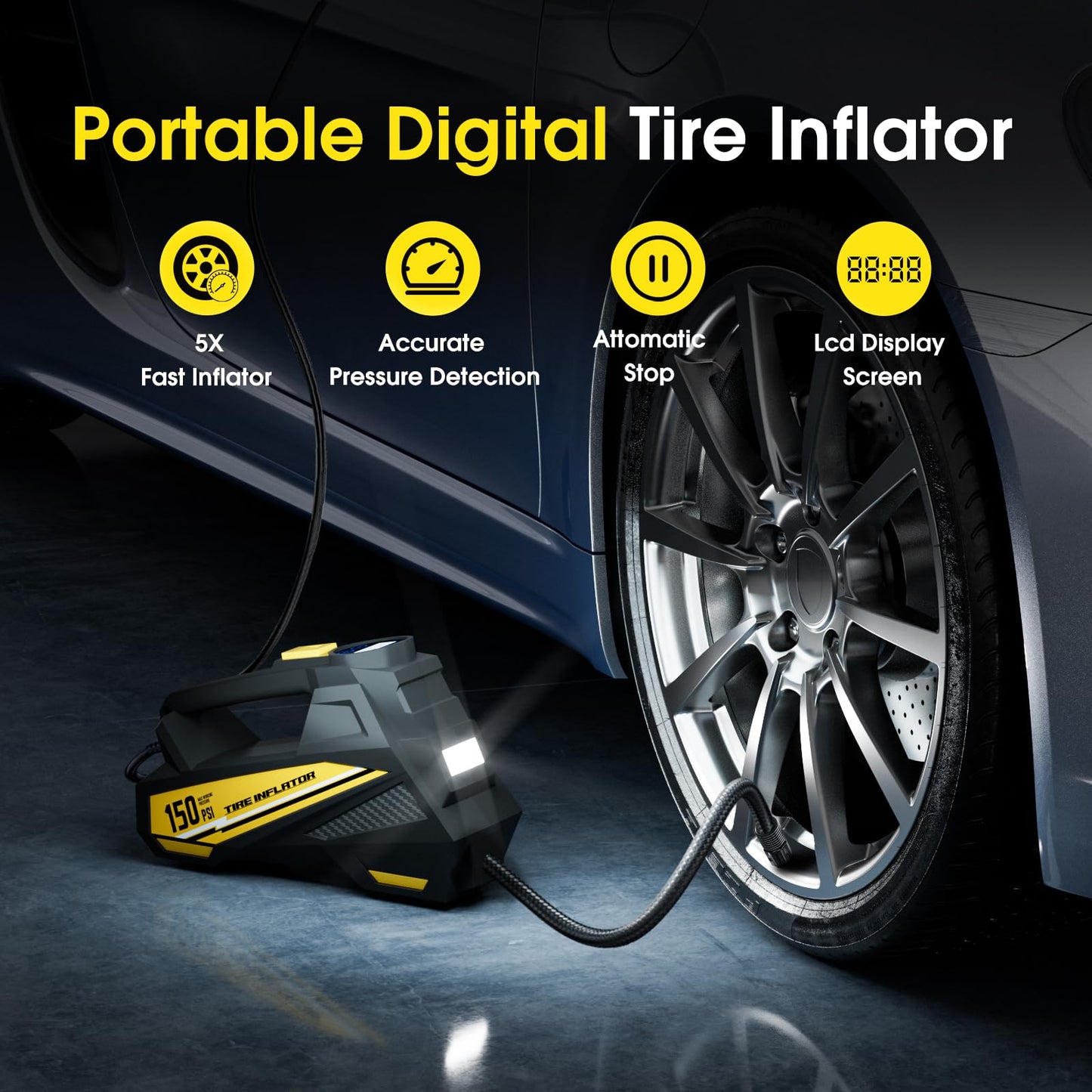 Portable Tire Inflator with Digital Gauge & Light