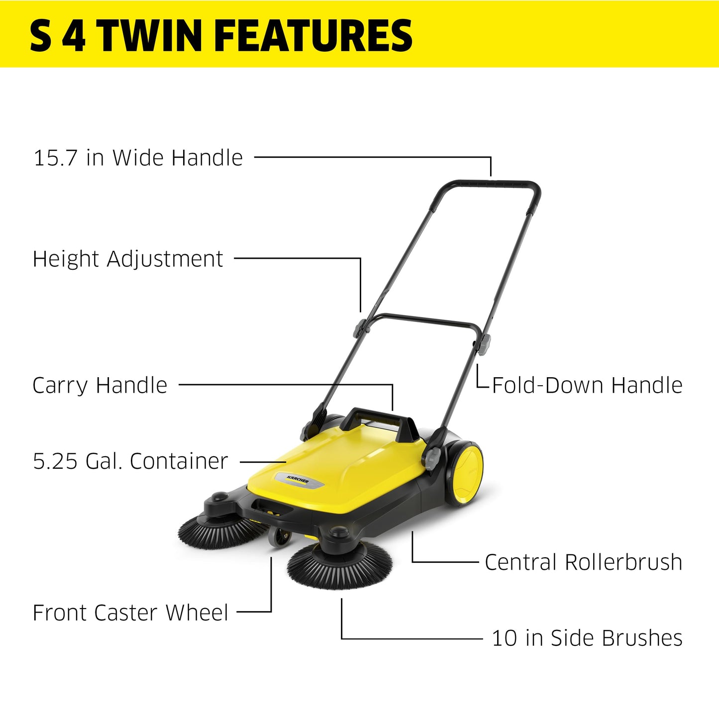 Kärcher - S 4 Twin Walk-Behind Outdoor Hand Push Sweeper - 5.25 Gallon Capacity - 26.8" Sweeping Width - Sweeps up to 26,000 ft²/Hour,Yellow