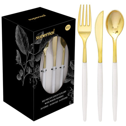 Supernal 102pcs Gold Plastic Cutlery, Durable Plastic silverware,Disposable Cutlerty with White Handle,Include 34 Forks,34 Knvies,34 Spoons, Suit for Wedding,Birthday,Party