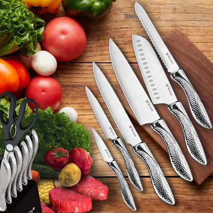 Knife set, HISSF Knife Set for Kitchen with Block, 14 Piece Kitchen Knife Set with Built-in Sharpener, Professional High Carbon Stainless Steel Kitchen Knives For Chopping, Slicing, Dicing