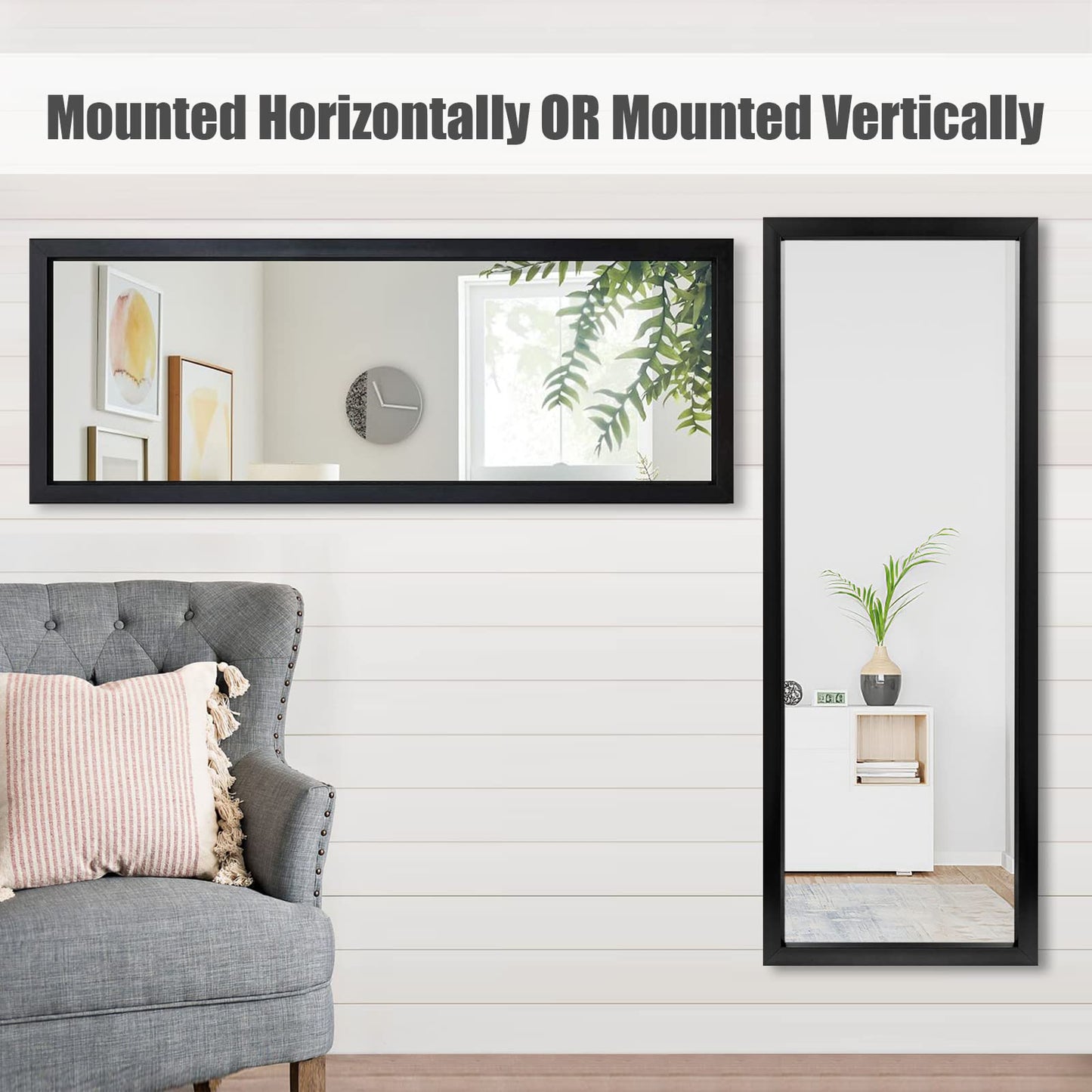 MIRUO Over The Door Mirror Full Length with Hanging Brackets, or Leaning Against Wall Mounted On Wall, Door, 44''x16'', Black (JJ01397AAF- AM002)