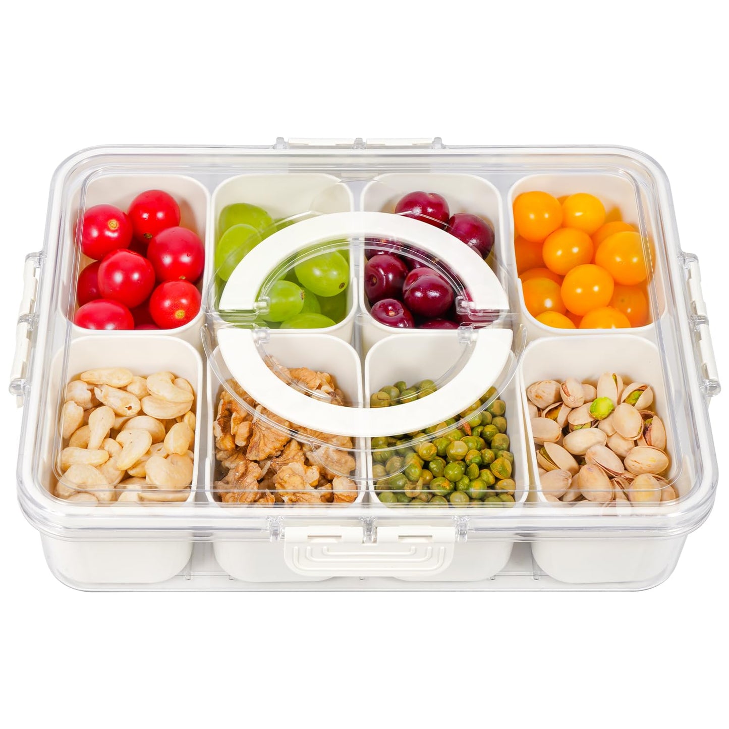 Divided Serving Tray with Lid and Handle, Snackle Box Charcuterie Container Portable for Snack Platters Reusable Clear Organizer 8 Compartments for Candy, Fruits, Nuts Perfect for Party Entertaining