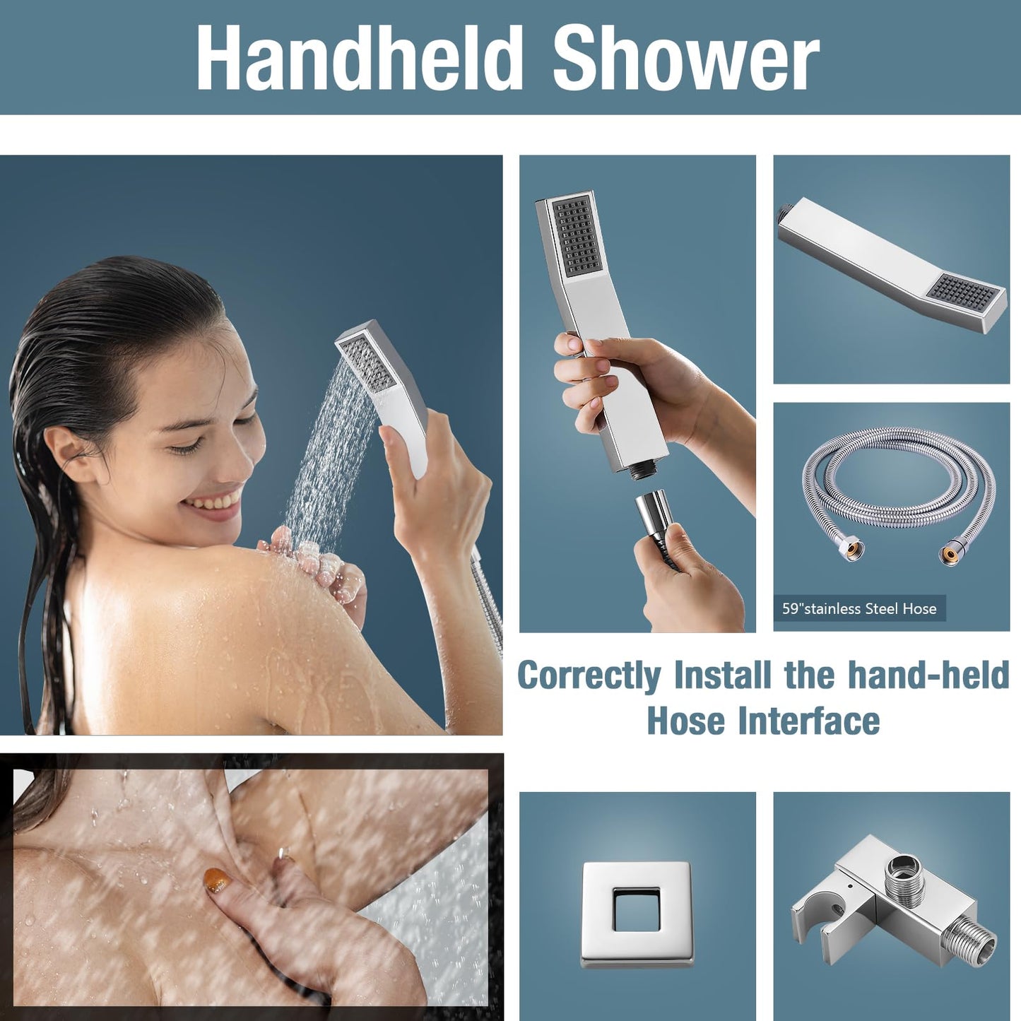 Qomolangma 10 inch Rain Shower System, Ceiling Mounted Bathroom Shower Faucet Set with Pressure Balance Valve, 2-Functions Shower Systems with Rain Shower and Handheld Spray Shower Trim Included