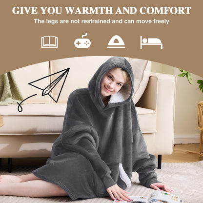 NORD ECO Wearable Blanket Hoodie,Oversized Sherpa Fleece Hooded Sweatshirt Blanket,Wearable Blanket Hoodie for Adult,Giant Warm&Cozy Blanket Hoodie With Pockets and Sleeves,Gift for Women Mom(Grey)