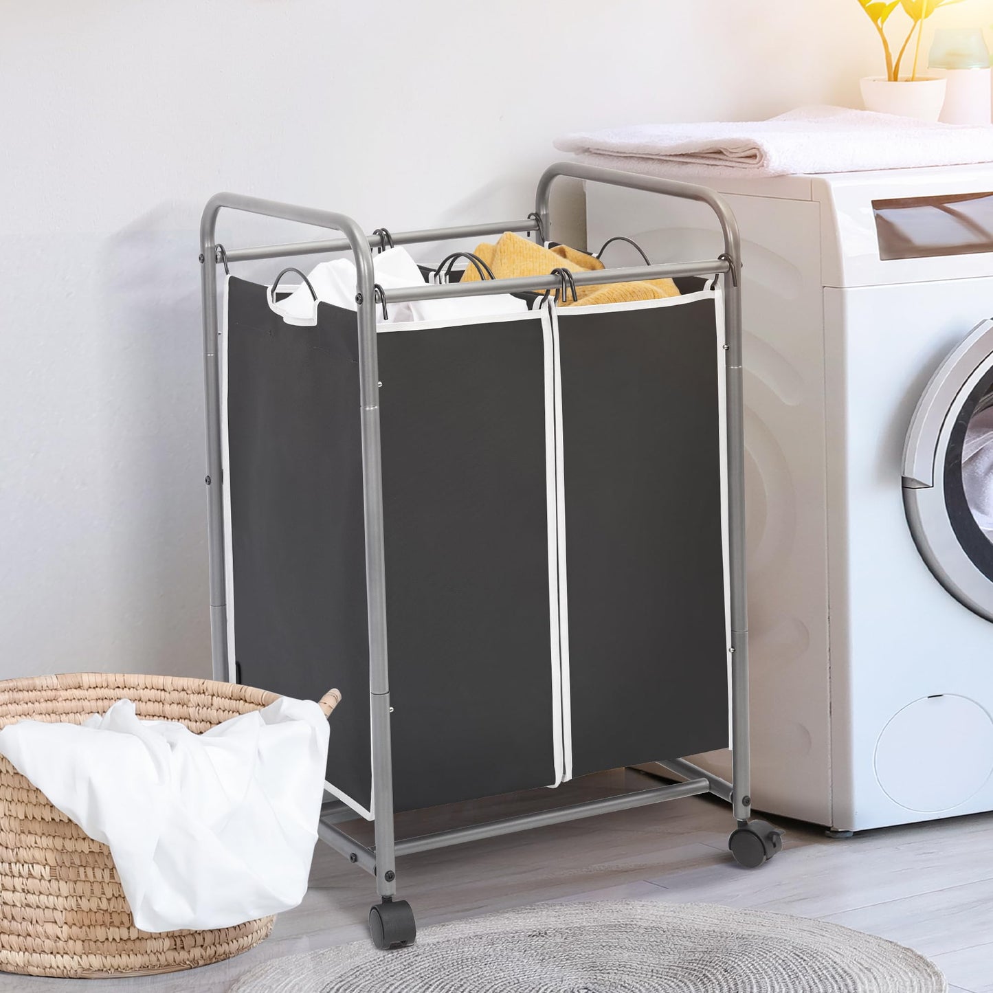 STO STO Laundry Sorter 2 Section, 2 Bag Laundry Hamper, Rolling Laundry Cart, Laundry Basket with Heavy Duty Lockable Wheels and Removable Bag for Clothes Storage, Black
