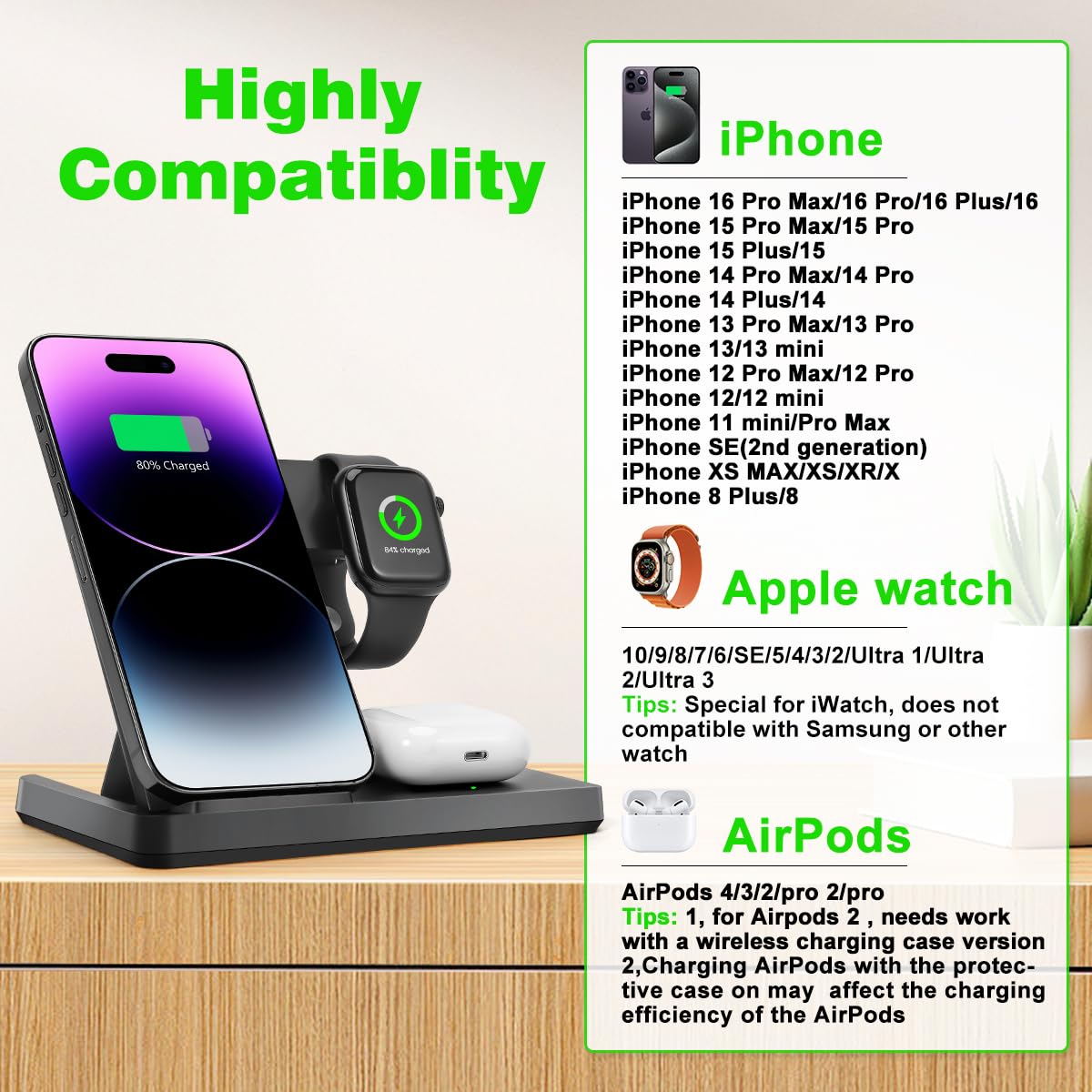 Wireless Charger, 3 in 1 Charging Station for Multiple Devices, Wireless Charging Stand for iPhone 8-15 Series,iWatch9/8/7/6/5/4/3/2/SE, AirPods3/2/Pro (Black)