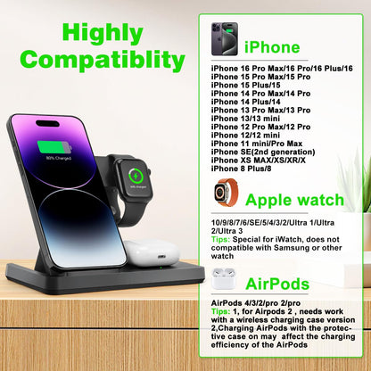 Wireless Charger, 3 in 1 Charging Station for Multiple Devices, Wireless Charging Stand for iPhone 8-15 Series,iWatch9/8/7/6/5/4/3/2/SE, AirPods3/2/Pro (Black)
