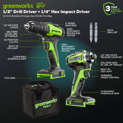 Greenworks 24V Cordless Drill and Impact Driver Kit