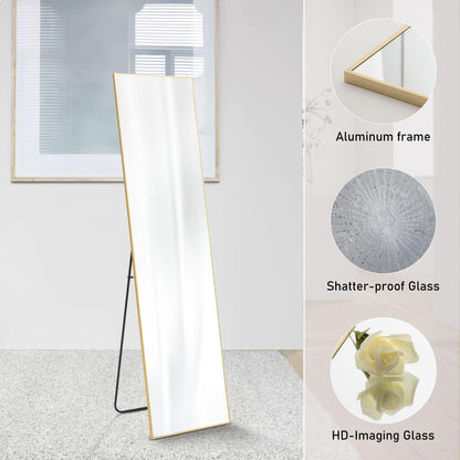 Sweetcrispy 59"x16" Full Length Mirror Full Body Floor Mirror Standing Hanging or Leaning Wall Mirror with Stand Aluminum Alloy Thin Frame for Bedroom Cloakroom, Gold