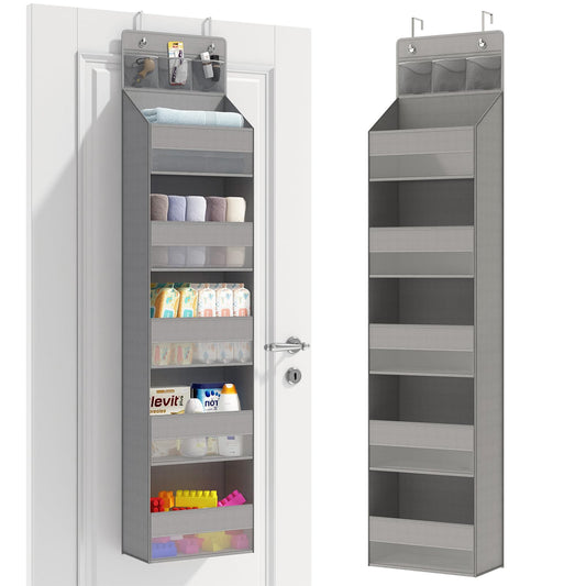 Fixwal Over the Door Organizer 6 Shelf Hanging Storage Organizer with 3 Pockets for Bedroom, Living Room, Baby Nursery, Bedroom, Kitchen, Grey