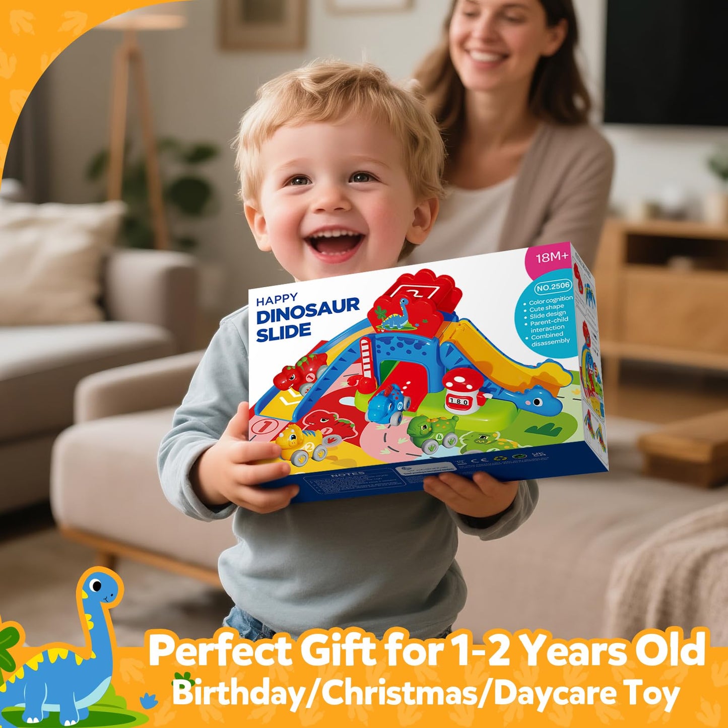 Toddler Toys for 1 Year Old Boy Gifts - Educational Dinosaur Slide Set with 4 Color/Number Push Cars and Playmat, Montessori Learning Toy for Baby 12-18 Months, 1st Birthday Present Ages 1-1.5, Red
