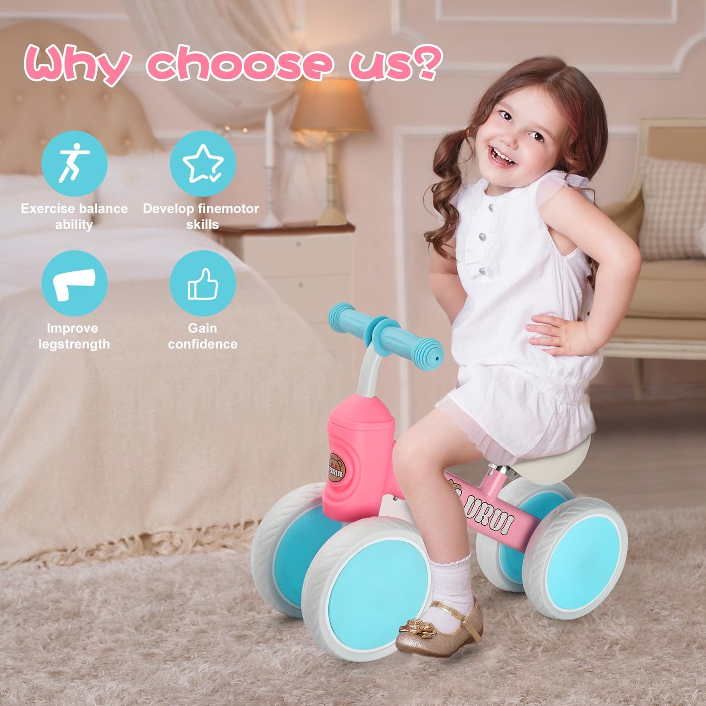 Baby Balance Bike for 1 Year Old Boys Girls 10-24 Month Toddler Balance Bike,Infant First Walking Bike,Toddler Training Bike,No Pedal 4 Silence Wheels,First Birthday Gifts (Pink)