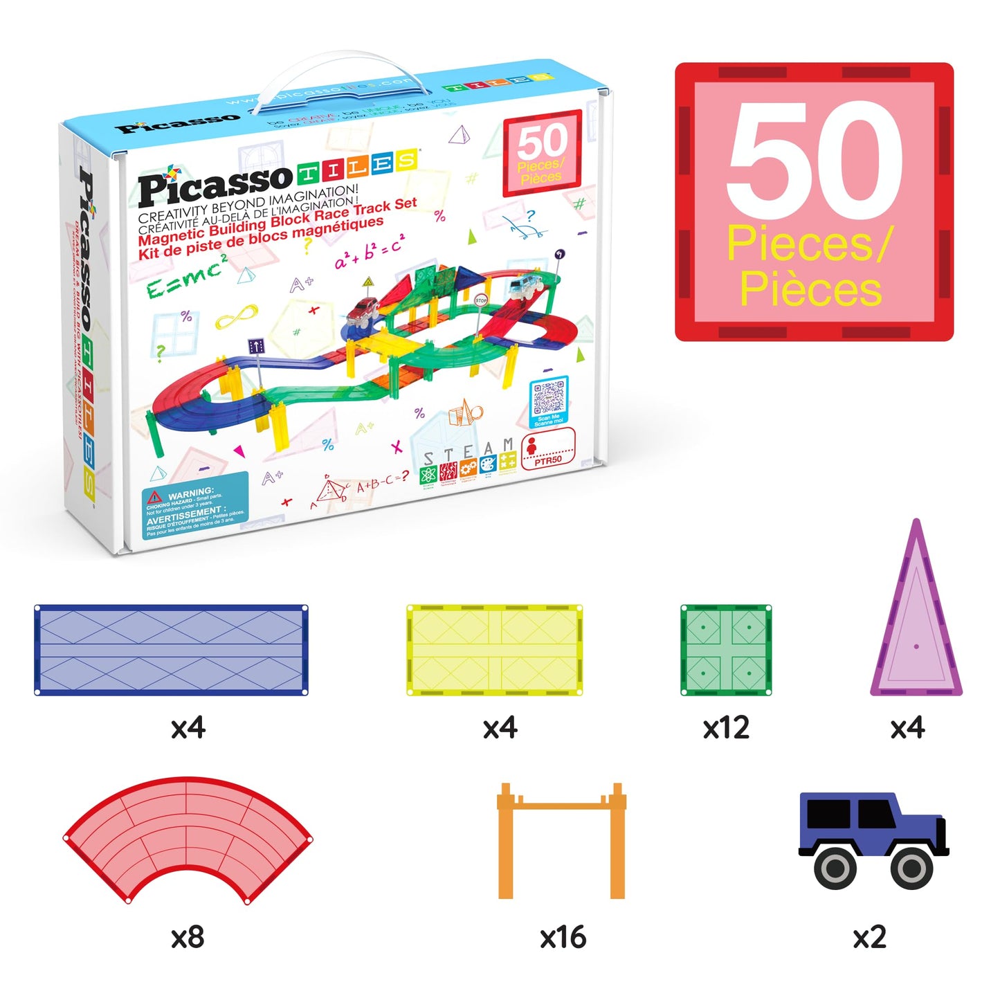 PicassoTiles 50 Piece Race Car Track Building Block Educational Toy Set Magnetic Tiles Magnet DIY Playset 2 Light Up STEM Learning Construction Kit Hand-Eye Coordination Fine Motor Skill Training