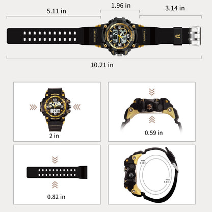 PINDOWS Sport Watch for Men, Digital Analog Military Sports Electronic LED Watches with 12H/24H Display, 50m Waterproof, Alarm Clock, and Stopwatch Timing, Men's Wrist Watches PDS-628
