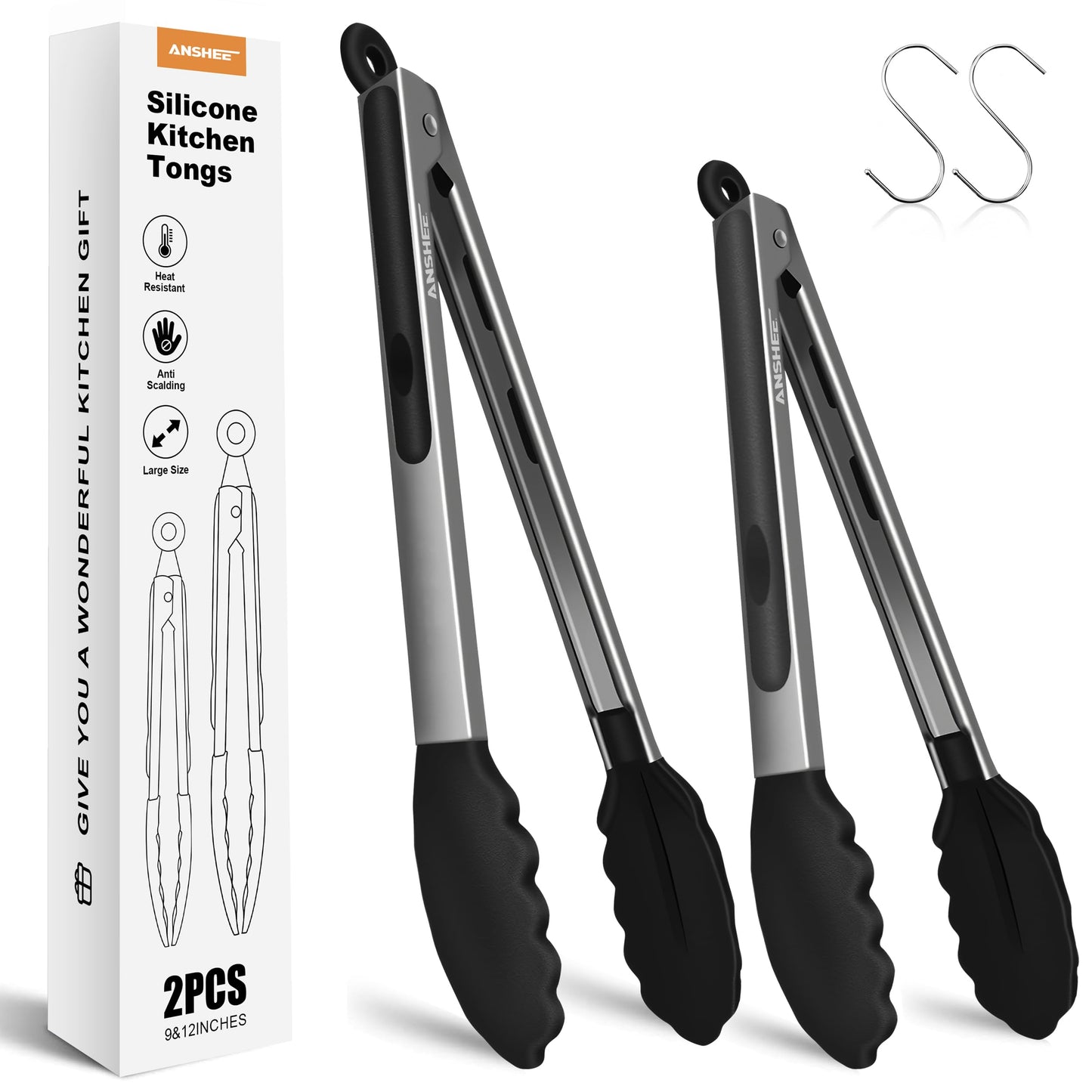 2 Pack Stainless Steel Silicone Food Tongs Set