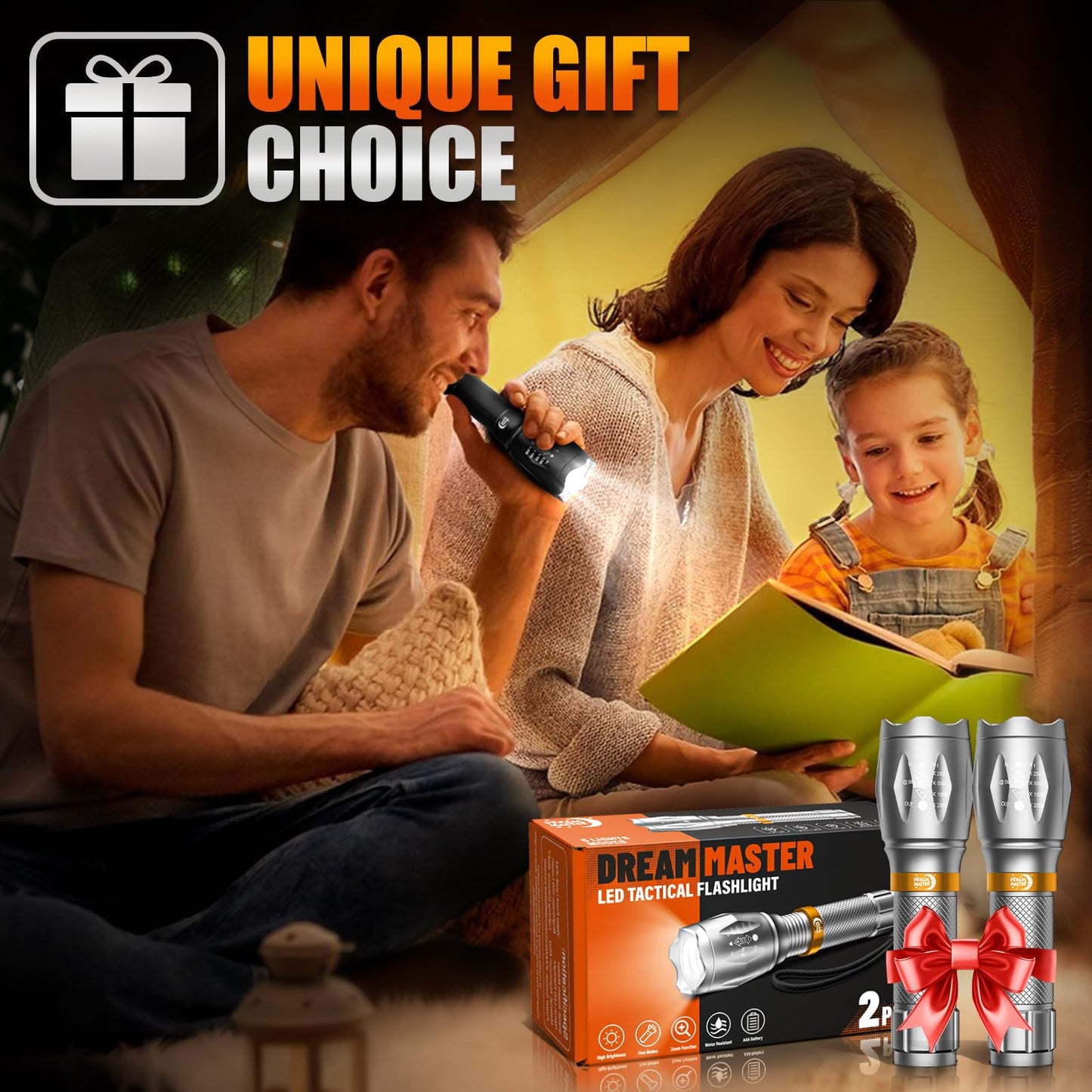 2 Pack LED Flashlights High Lumens with 6 AAA Batteries, 5 Modes Mini Waterproof Tactical Flashlight for Camping Hiking, Bright Flashlight with Zoomable, Fathers Day Dad Gifts for Men, Silver & Orange