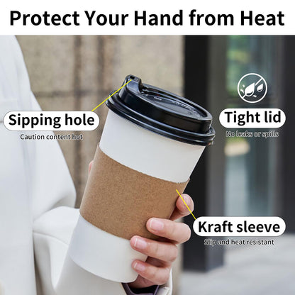 YEEHAW Coffee Cups 16 oz 100 Pack, Disposable Paper Cups with Lids and Sleeves, Hot Cups for Coffee, Hot Tea and Chocolate, Heat & Leak-proof to Go Cups for Hot Beverage in Office, Home and Cafes