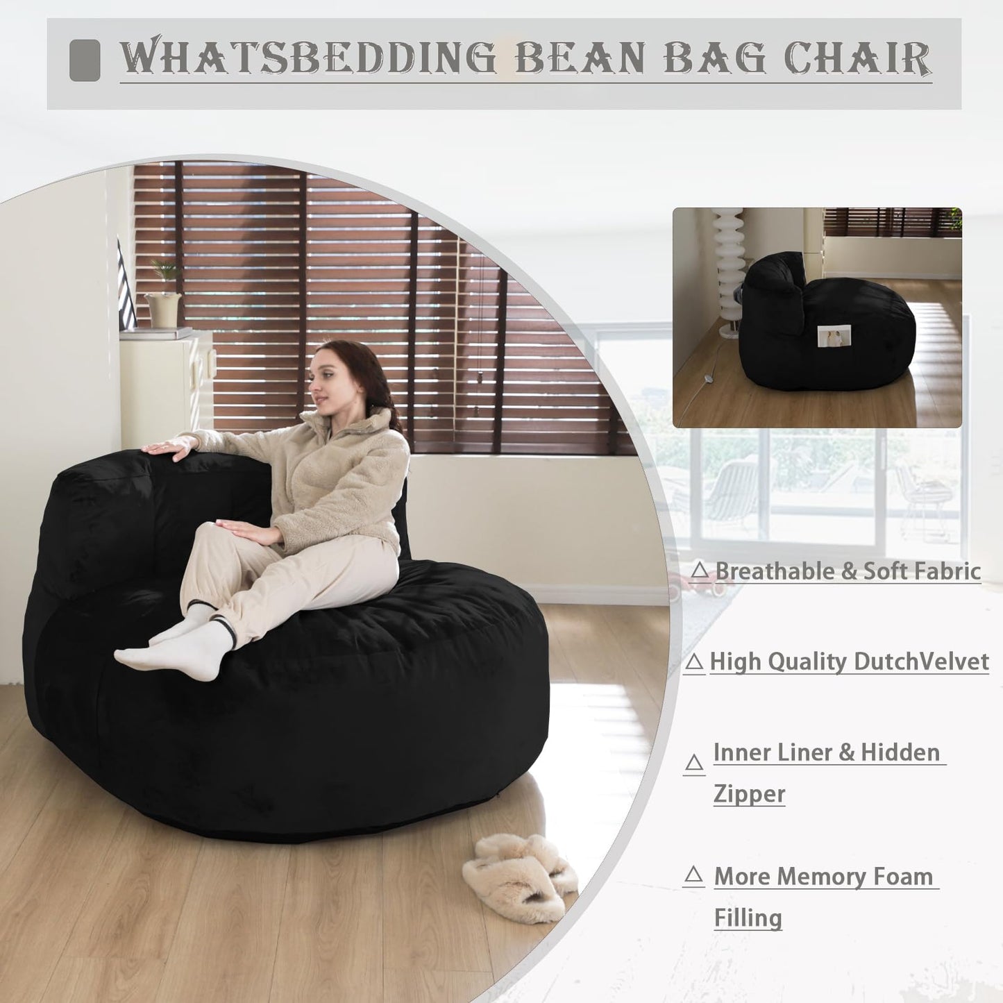 Large Black Bean Bag Chair with Memory Foam