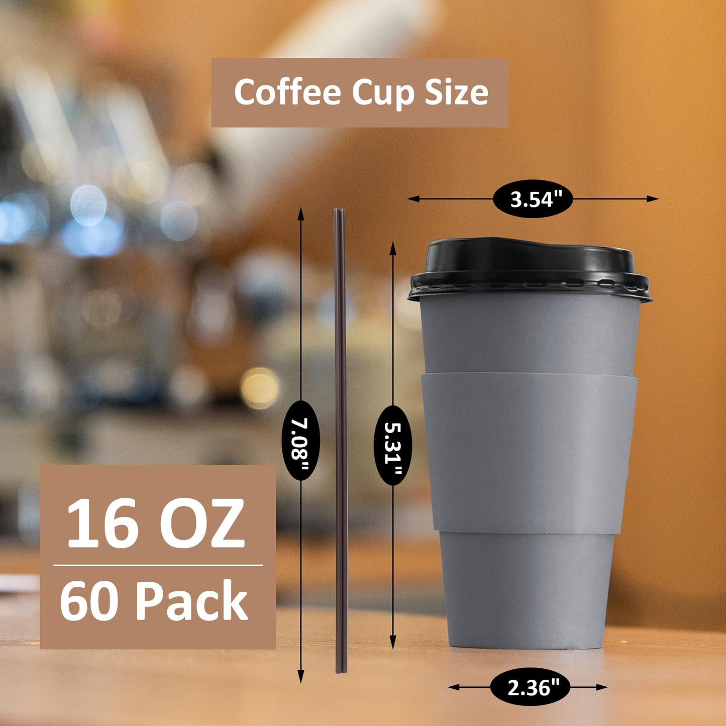 Huifany Coffee Cups with Lids 16 oz 60 Pack, Disposable Hot Cups with Lids and Straws, 16oz Coffee To Go Cups with Lids for Party, Kitchen, Cafes, Office.